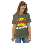 ADVENTURE BEGINS unisex t-shirt - Printoo Shop - - graduation, t-shirt, unisex, Unisex Organic Cotton T-Shirt | Stanley/Stella STTU169