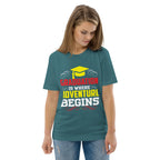 ADVENTURE BEGINS unisex t-shirt - Printoo Shop - - graduation, t-shirt, unisex, Unisex Organic Cotton T-Shirt | Stanley/Stella STTU169